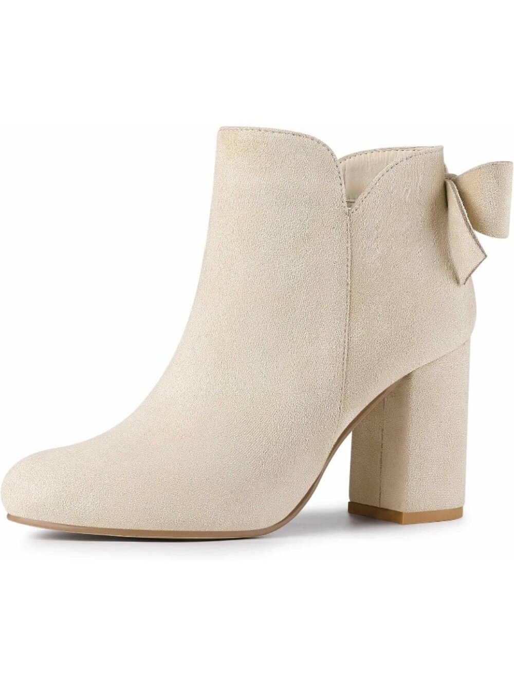 Women's Beige Round Toe Bow Decor Chunky Heel Side Zipper Stylish Ankle Boots